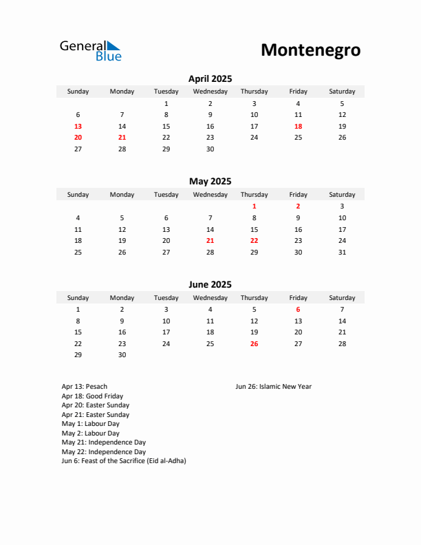 Printable Quarterly Calendar with Notes and Montenegro Holidays- Q2 of 2025