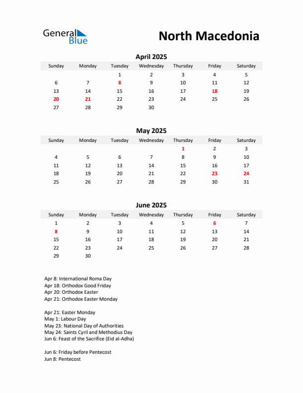 Printable Quarterly Calendar with Notes and North Macedonia Holidays- Q2 of 2025