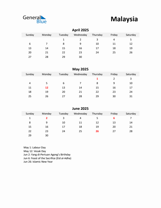 Printable Quarterly Calendar with Notes and Malaysia Holidays- Q2 of 2025