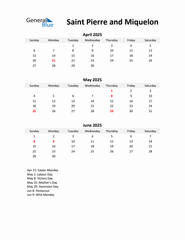 Printable Quarterly Calendar with Notes and Saint Pierre and Miquelon Holidays- Q2 of 2025
