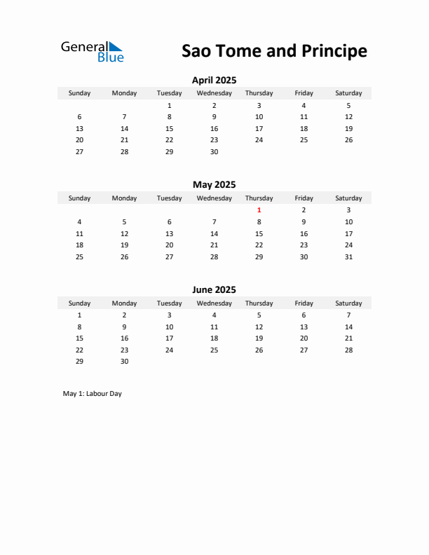 Printable Quarterly Calendar with Notes and Sao Tome and Principe Holidays- Q2 of 2025