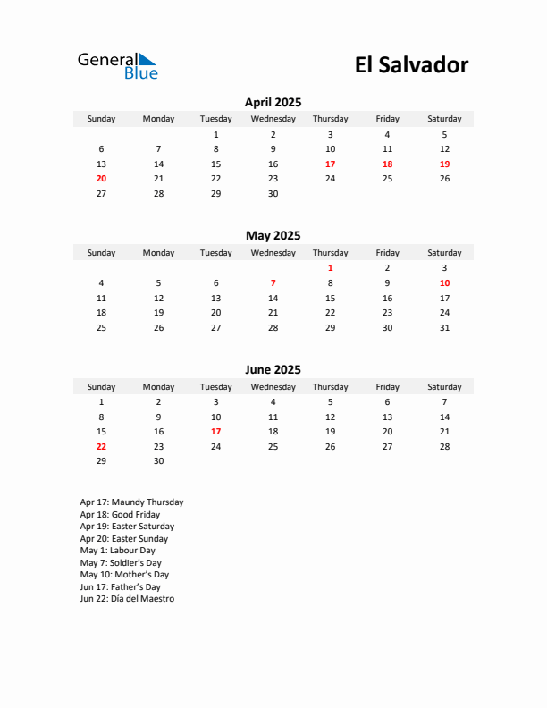 Printable Quarterly Calendar with Notes and El Salvador Holidays- Q2 of 2025