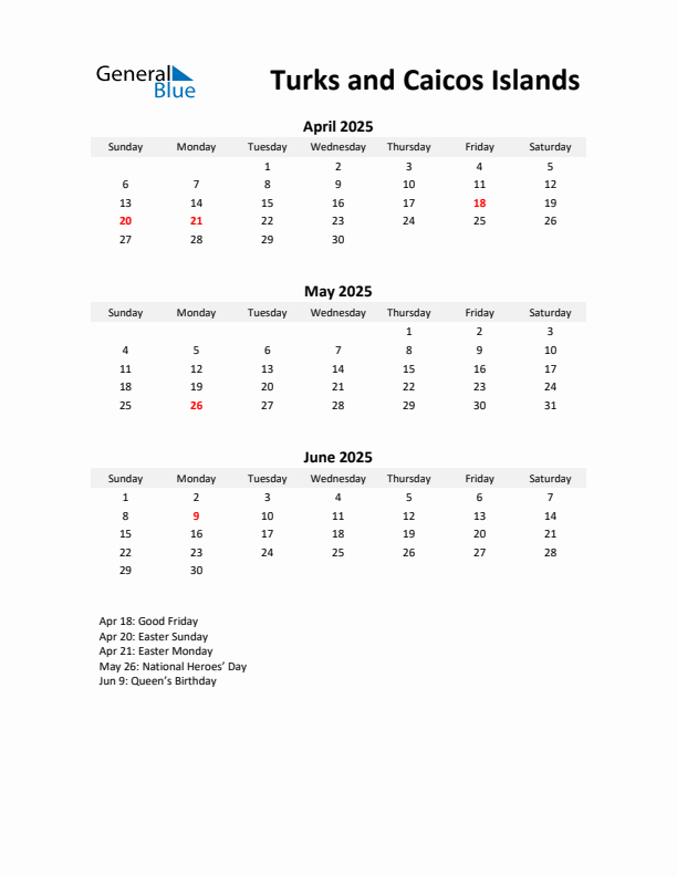 Printable Quarterly Calendar with Notes and Turks and Caicos Islands Holidays- Q2 of 2025