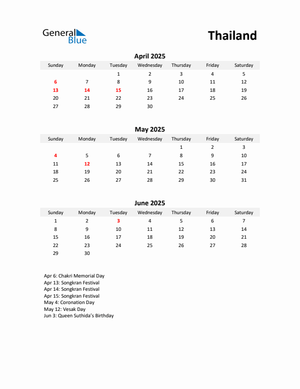 Printable Quarterly Calendar with Notes and Thailand Holidays- Q2 of 2025