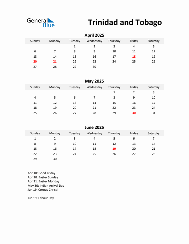 Printable Quarterly Calendar with Notes and Trinidad and Tobago Holidays- Q2 of 2025