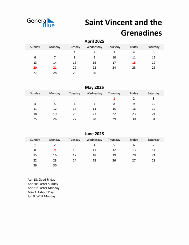 Printable Quarterly Calendar with Notes and Saint Vincent and the Grenadines Holidays- Q2 of 2025