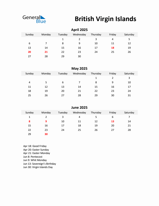 Printable Quarterly Calendar with Notes and British Virgin Islands Holidays- Q2 of 2025