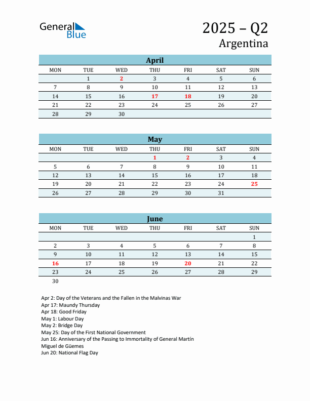 Three-Month Planner for Q2 2025 with Holidays - Argentina