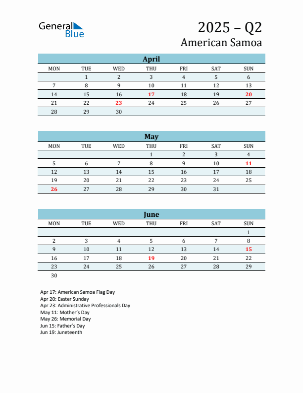 Three-Month Planner for Q2 2025 with Holidays - American Samoa