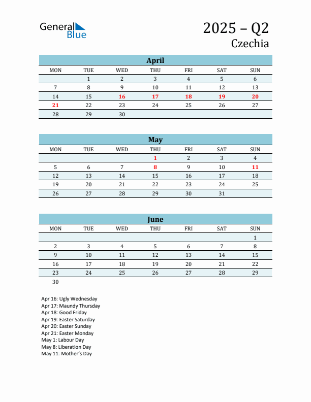 Three-Month Planner for Q2 2025 with Holidays - Czechia