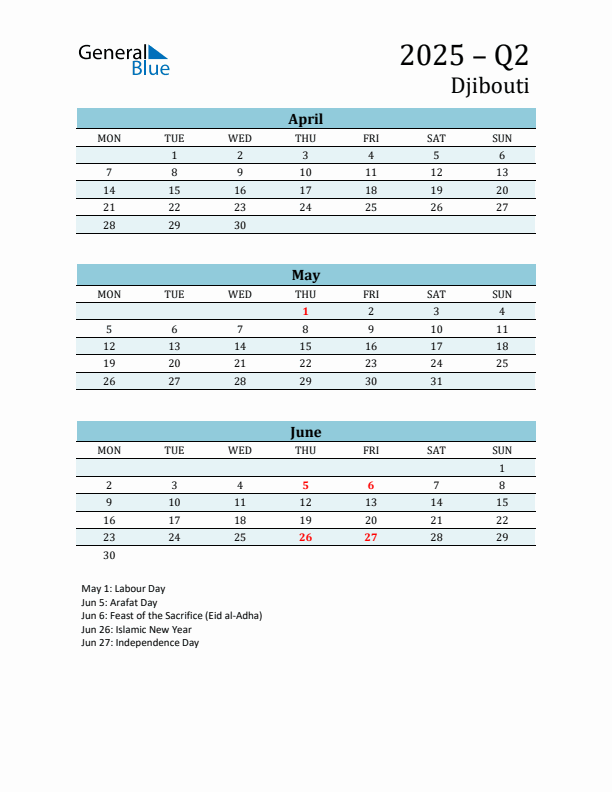 Three-Month Planner for Q2 2025 with Holidays - Djibouti