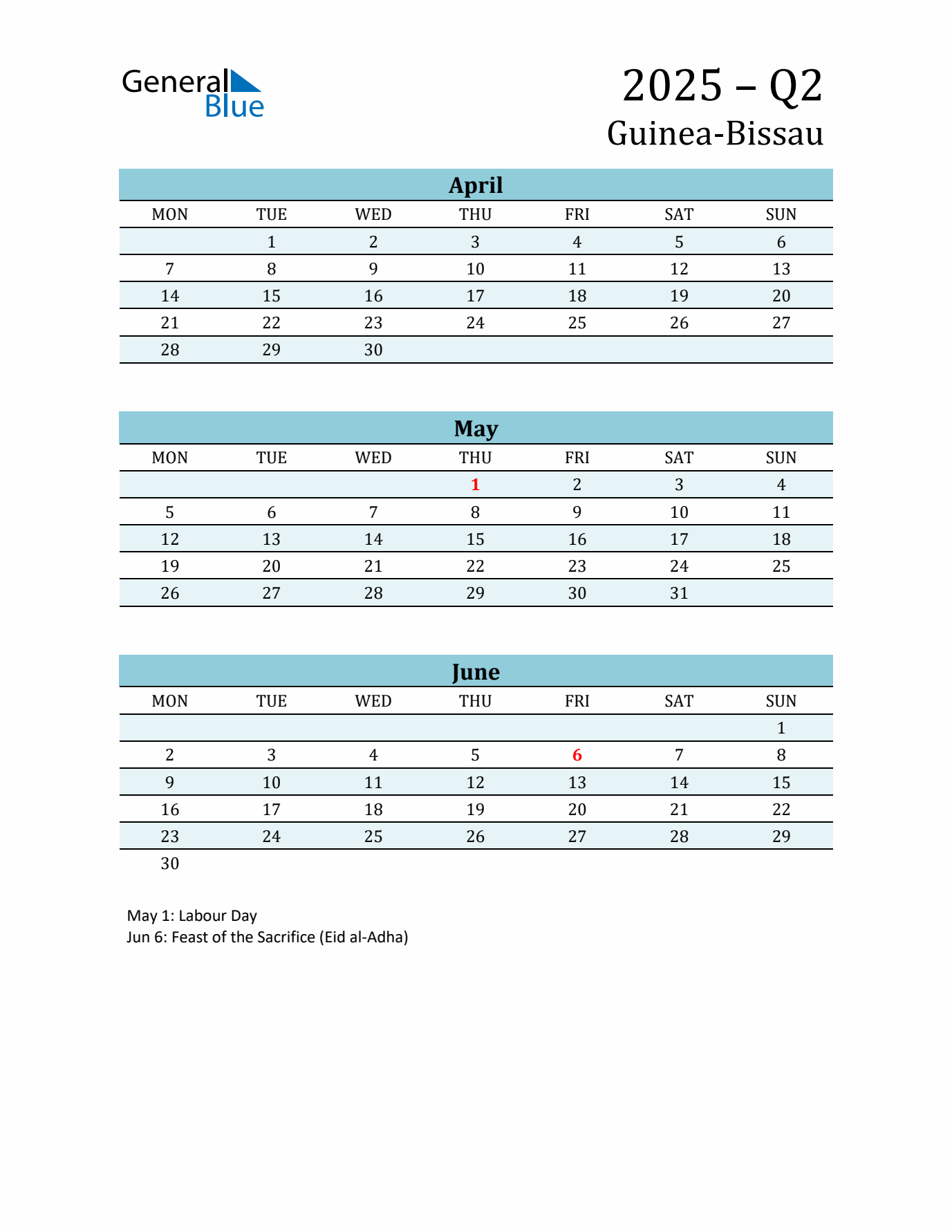Three-Month Planner for Q2 2025 with Holidays - Guinea-Bissau