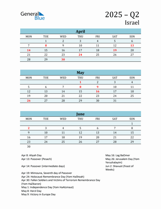 Three-Month Planner for Q2 2025 with Holidays - Israel