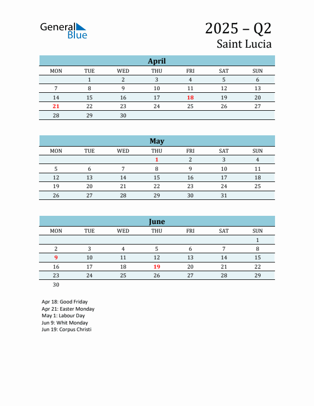 Three-Month Planner for Q2 2025 with Holidays - Saint Lucia