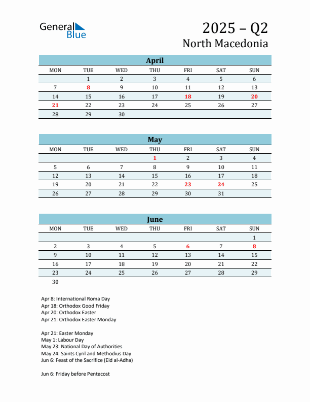 Three-Month Planner for Q2 2025 with Holidays - North Macedonia
