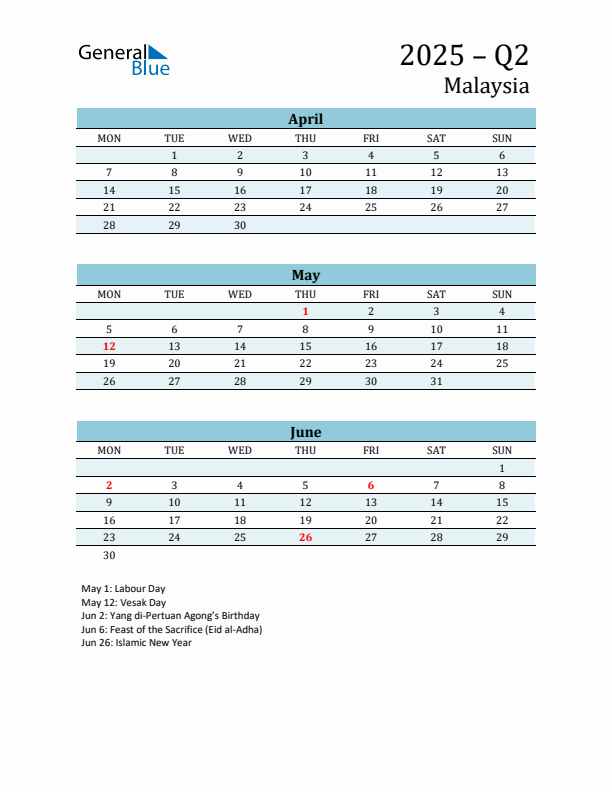 Three-Month Planner for Q2 2025 with Holidays - Malaysia