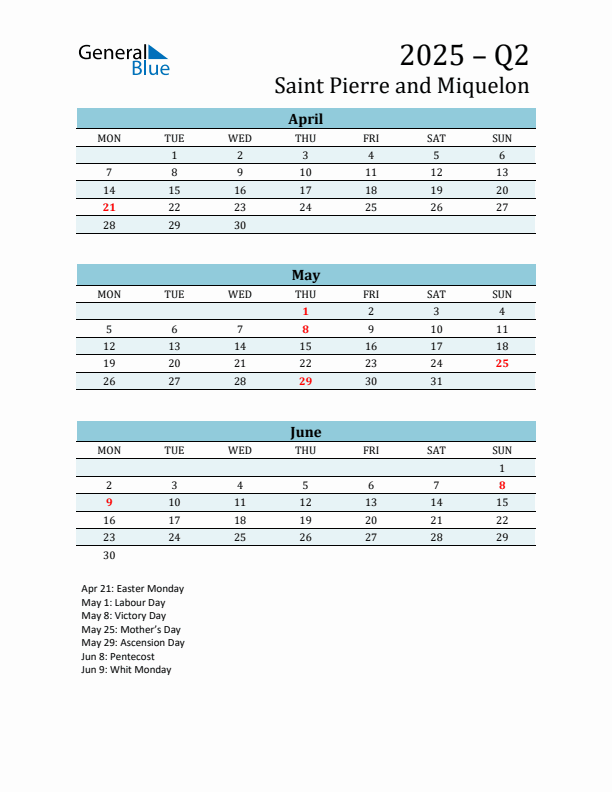 Three-Month Planner for Q2 2025 with Holidays - Saint Pierre and Miquelon