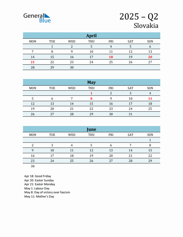 Three-Month Planner for Q2 2025 with Holidays - Slovakia