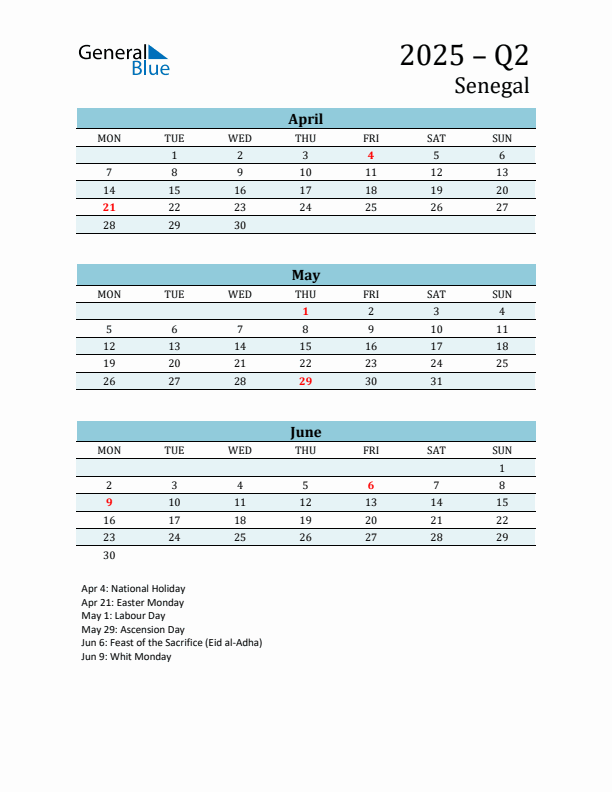 Three-Month Planner for Q2 2025 with Holidays - Senegal