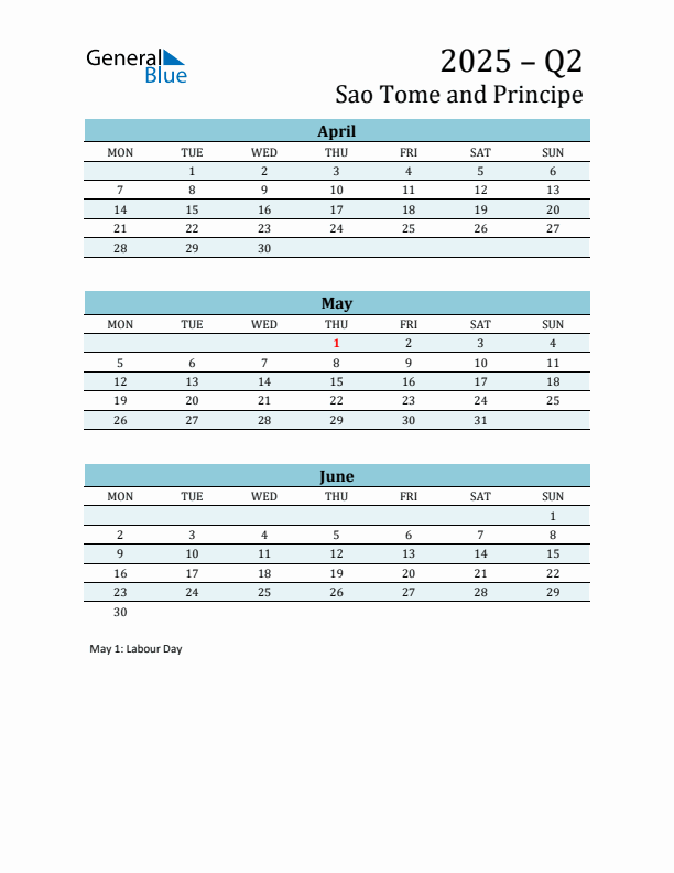 Three-Month Planner for Q2 2025 with Holidays - Sao Tome and Principe