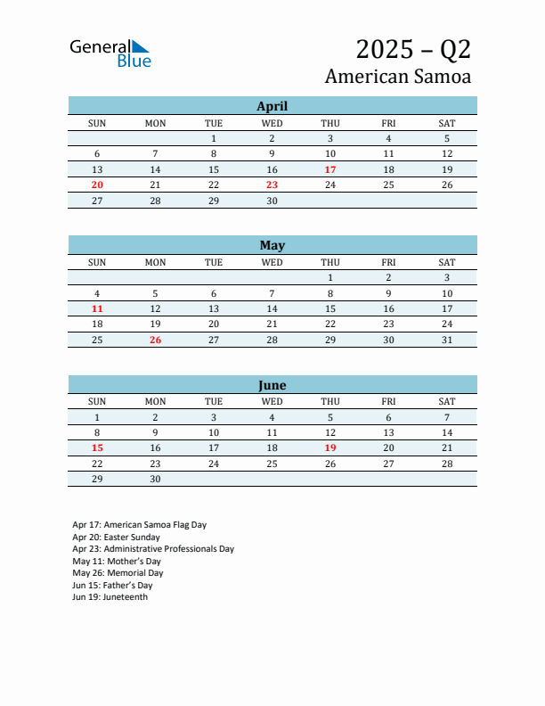 Three-Month Planner for Q2 2025 with Holidays - American Samoa