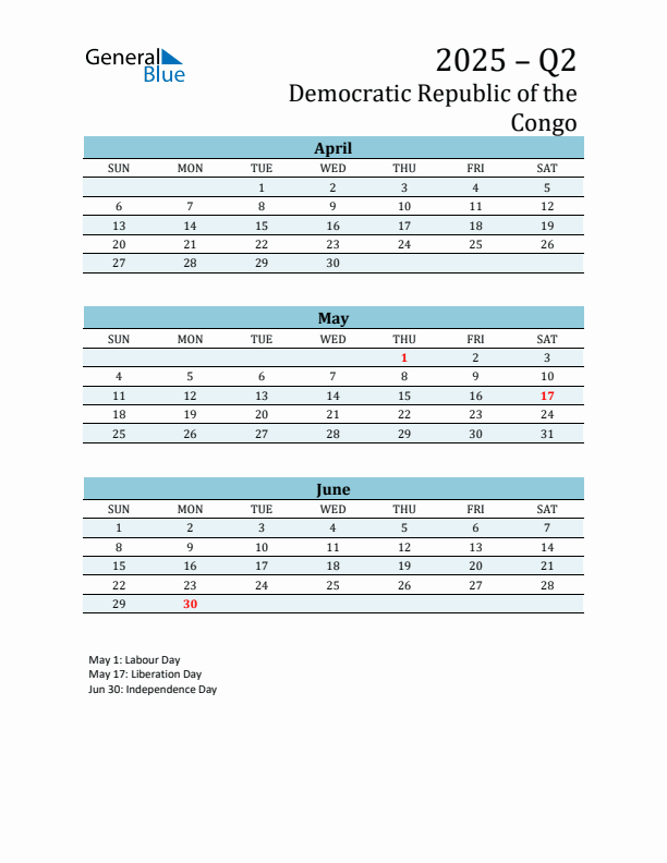 Three-Month Planner for Q2 2025 with Holidays - Democratic Republic of the Congo