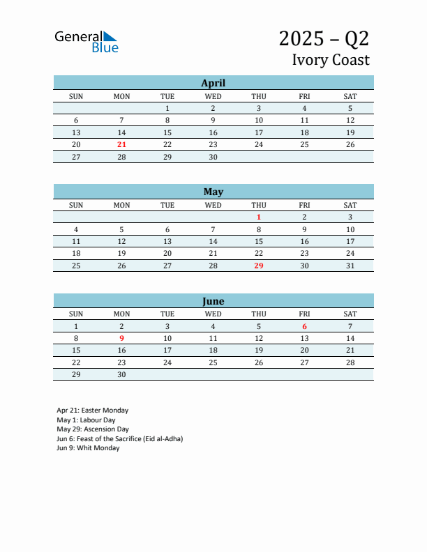 Three-Month Planner for Q2 2025 with Holidays - Ivory Coast