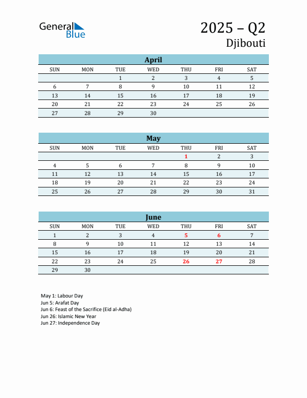 Three-Month Planner for Q2 2025 with Holidays - Djibouti