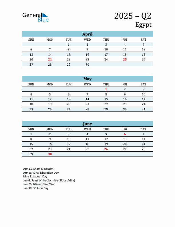 Three-Month Planner for Q2 2025 with Holidays - Egypt