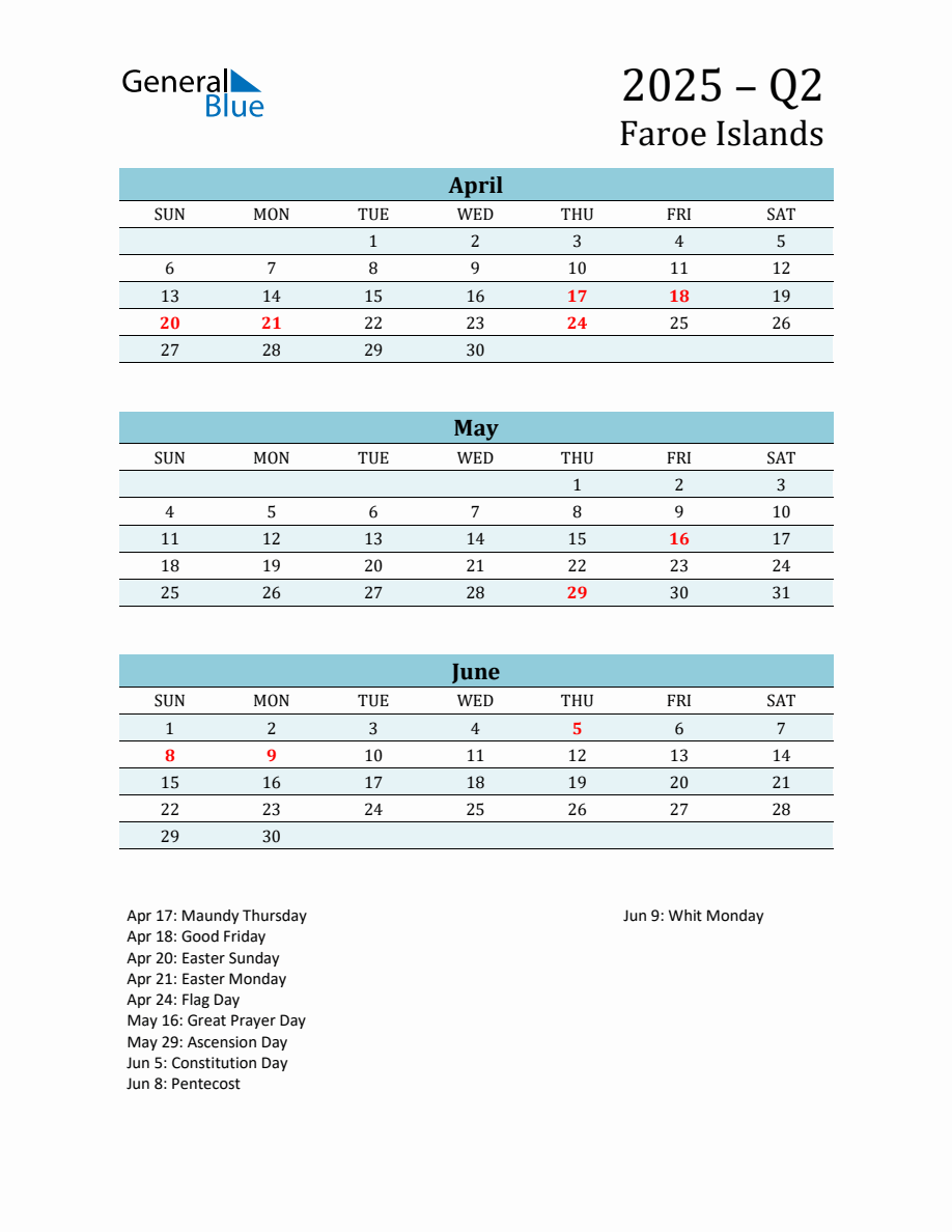 Three-Month Planner for Q2 2025 with Holidays in Faroe Islands