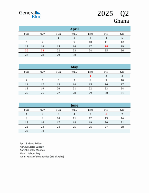 Three-Month Planner for Q2 2025 with Holidays - Ghana
