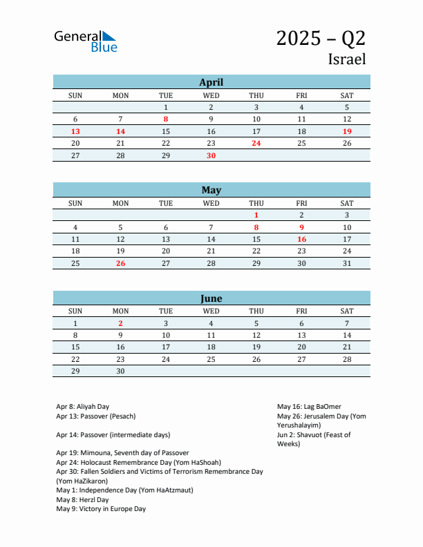 Three-Month Planner for Q2 2025 with Holidays - Israel