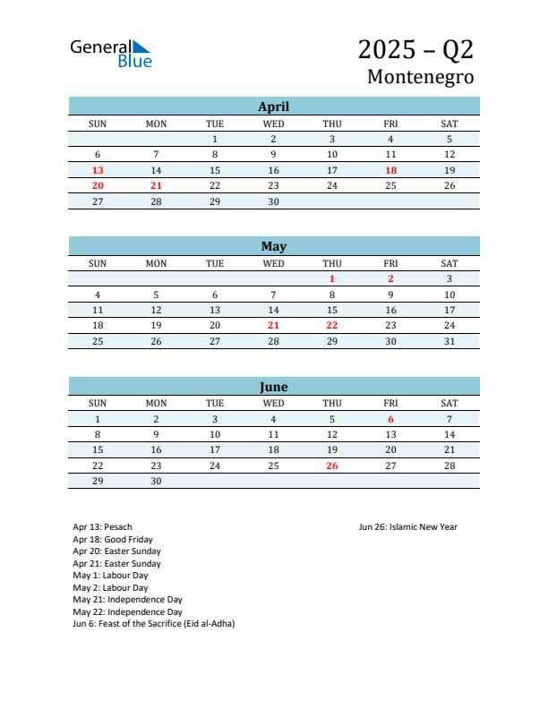 Three-Month Planner for Q2 2025 with Holidays - Montenegro