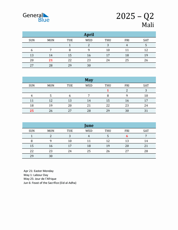 Three-Month Planner for Q2 2025 with Holidays - Mali