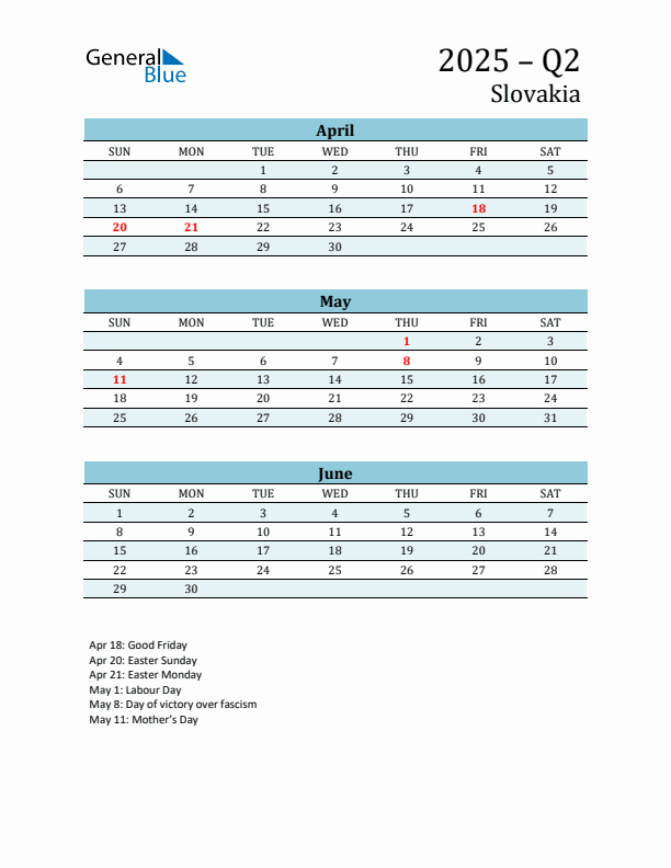 Three-Month Planner for Q2 2025 with Holidays - Slovakia