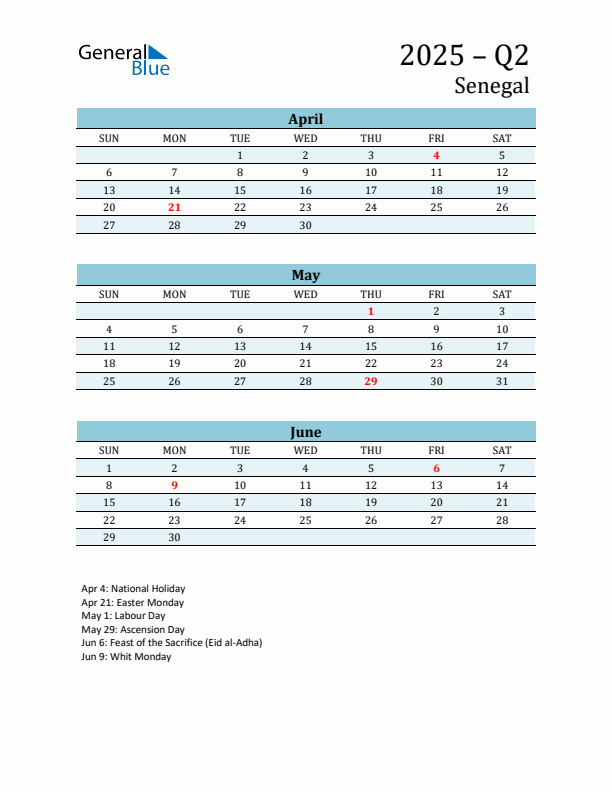 Three-Month Planner for Q2 2025 with Holidays - Senegal