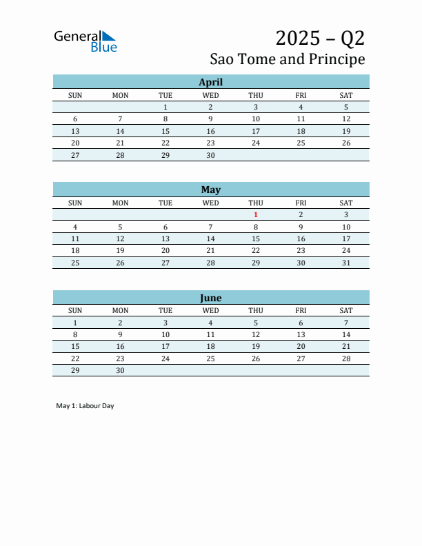 Three-Month Planner for Q2 2025 with Holidays - Sao Tome and Principe