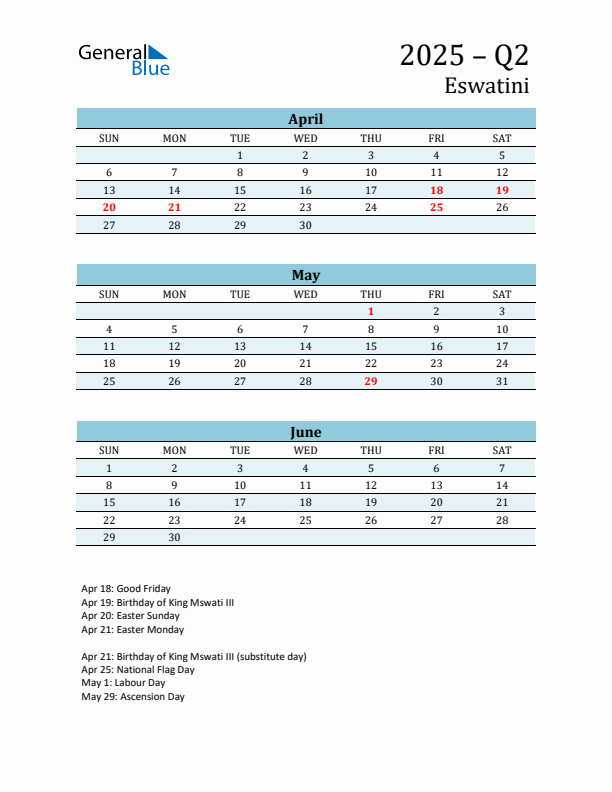 Three-Month Planner for Q2 2025 with Holidays - Eswatini