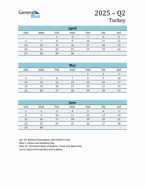 Three-Month Planner for Q2 2025 with Holidays - Turkey