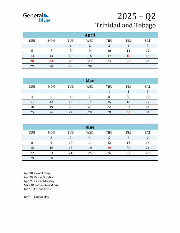 Three-Month Planner for Q2 2025 with Holidays - Trinidad and Tobago