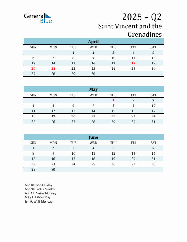 Three-Month Planner for Q2 2025 with Holidays - Saint Vincent and the Grenadines
