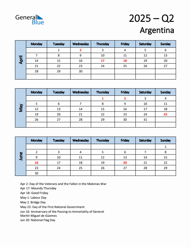 Free Q2 2025 Calendar for Argentina - Monday Start