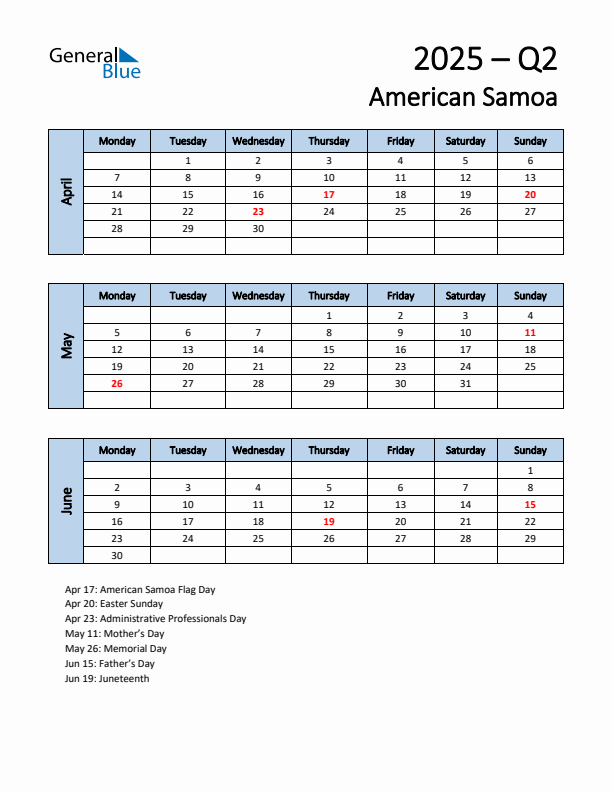 Free Q2 2025 Calendar for American Samoa - Monday Start