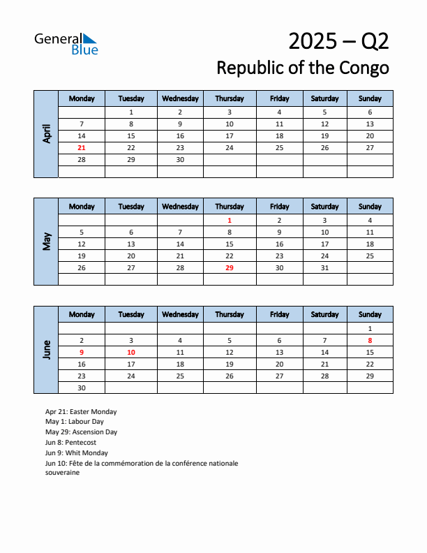 Free Q2 2025 Calendar for Republic of the Congo - Monday Start
