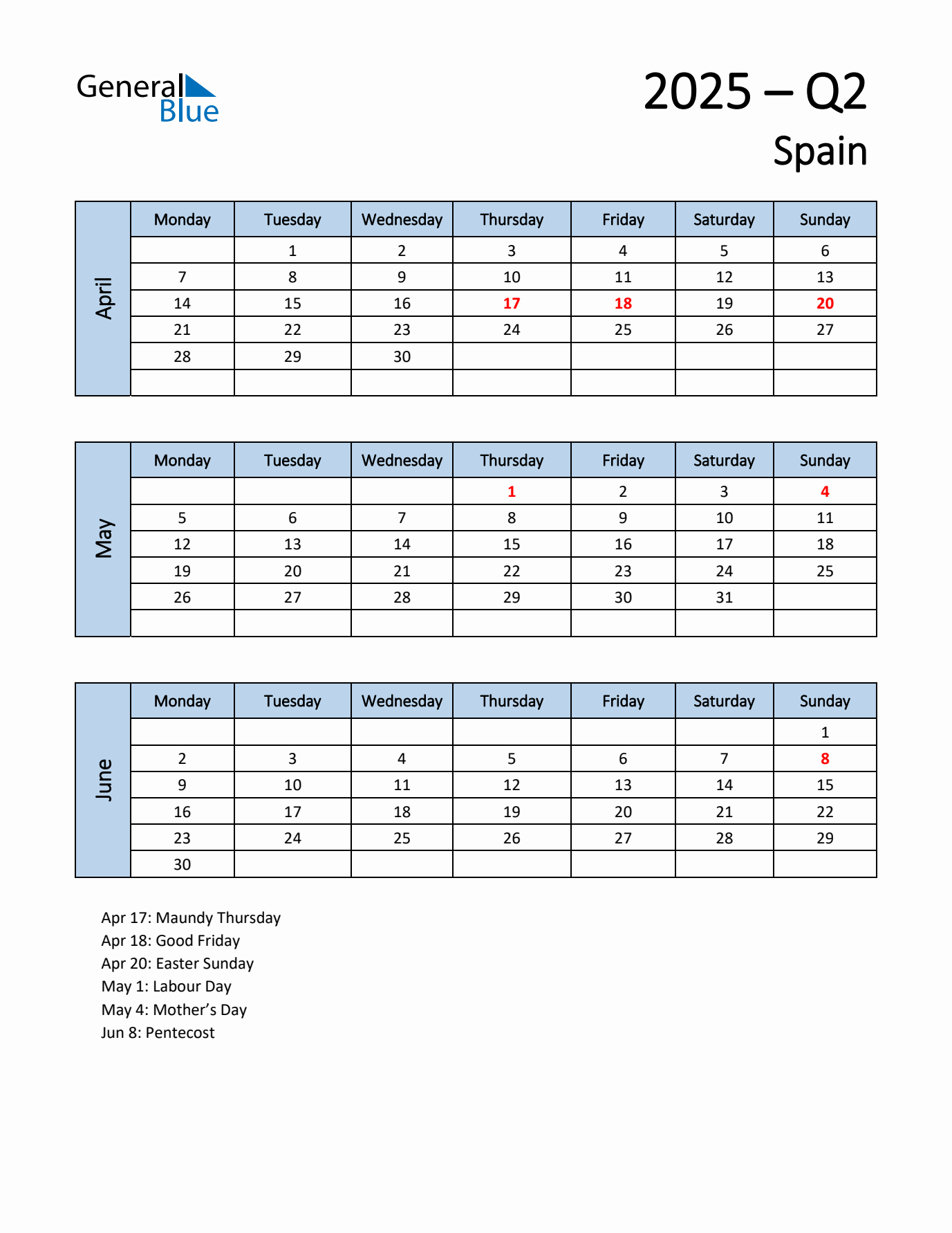 Free Q2 2025 Calendar for Spain - Monday Start