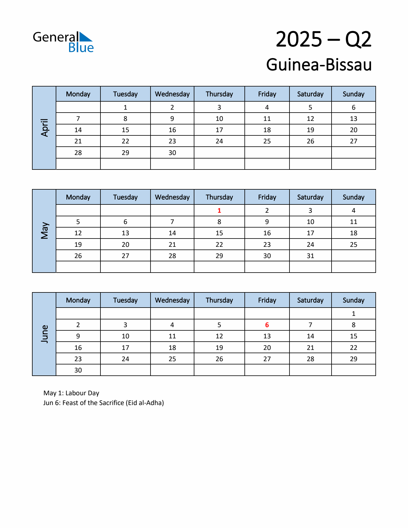 Free Q2 2025 Calendar for Guinea-Bissau - Monday Start
