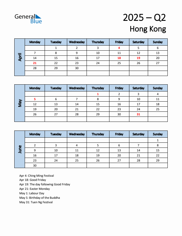 Free Q2 2025 Calendar for Hong Kong - Monday Start