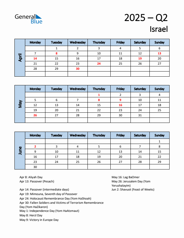 Free Q2 2025 Calendar for Israel - Monday Start