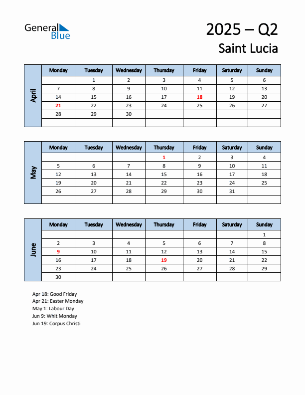Free Q2 2025 Calendar for Saint Lucia - Monday Start