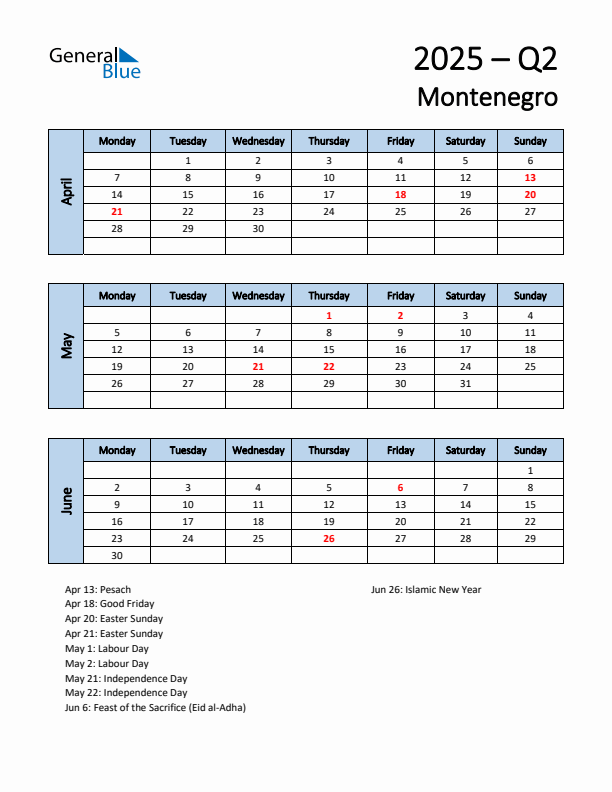 Free Q2 2025 Calendar for Montenegro - Monday Start